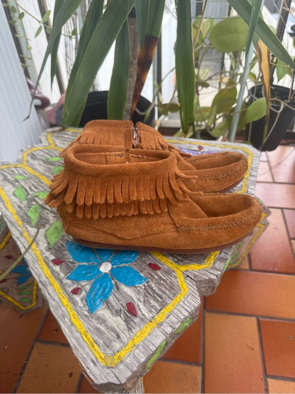 Minnetonka Kids Suede Fringe Moccasins in Cognac Brown